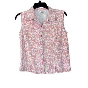 Christopher & Banks Vintage Floral Pink Collared Floral Tanks Pink Buttons